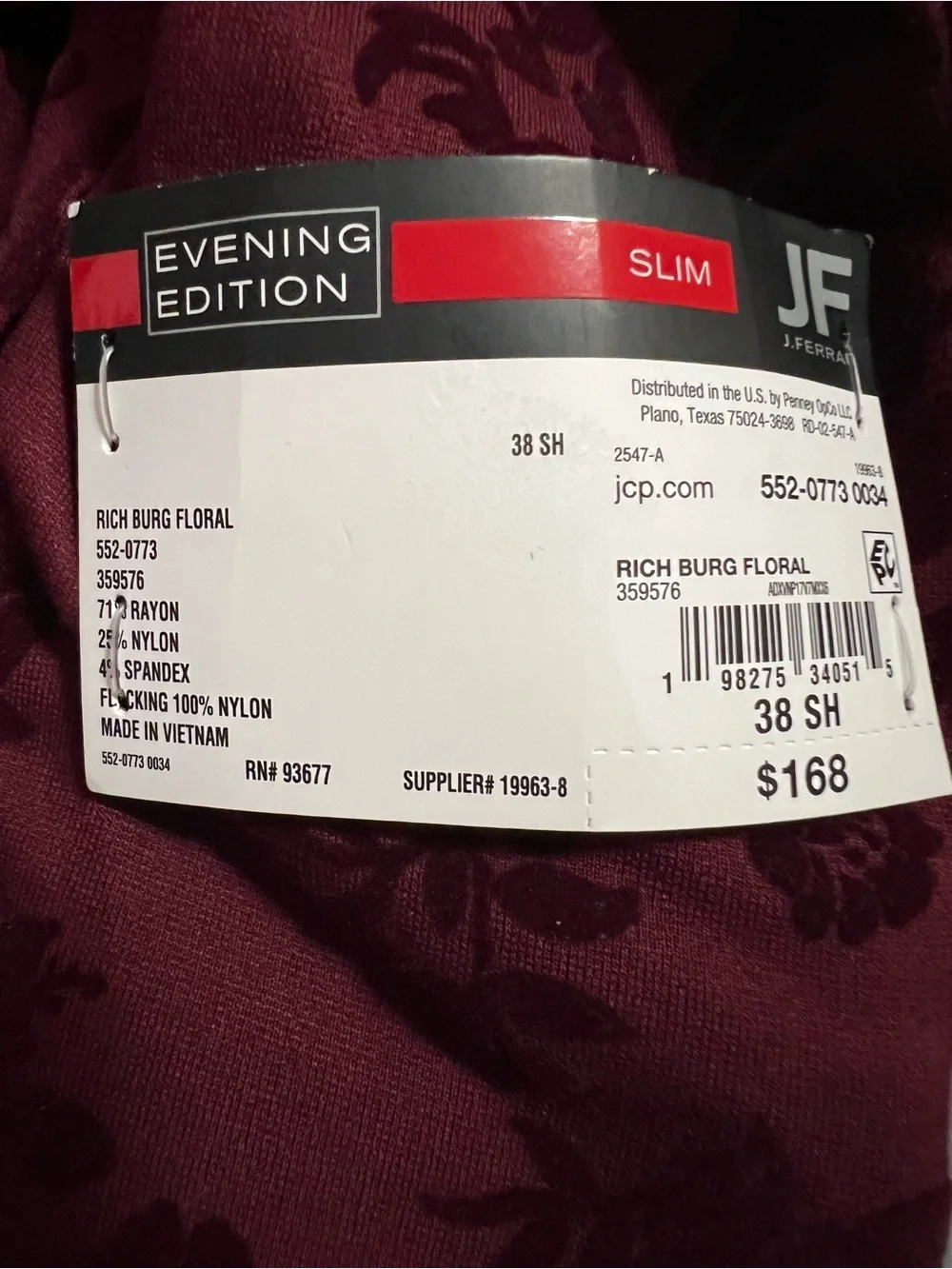 NWT Ferrari Slim Fit Evening Edition Floral Blazer 38H Burgundy Formal Jacket